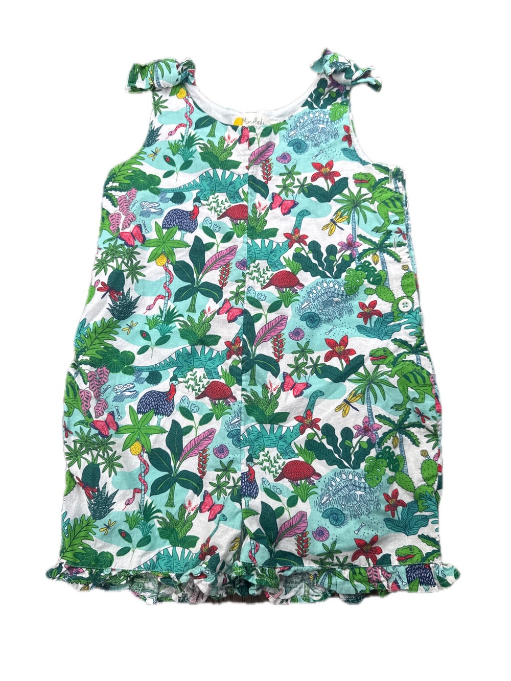 Mini Boden Tropical Dinosaur Print Romper Size 5-6Y 3” Inseam 22” Length